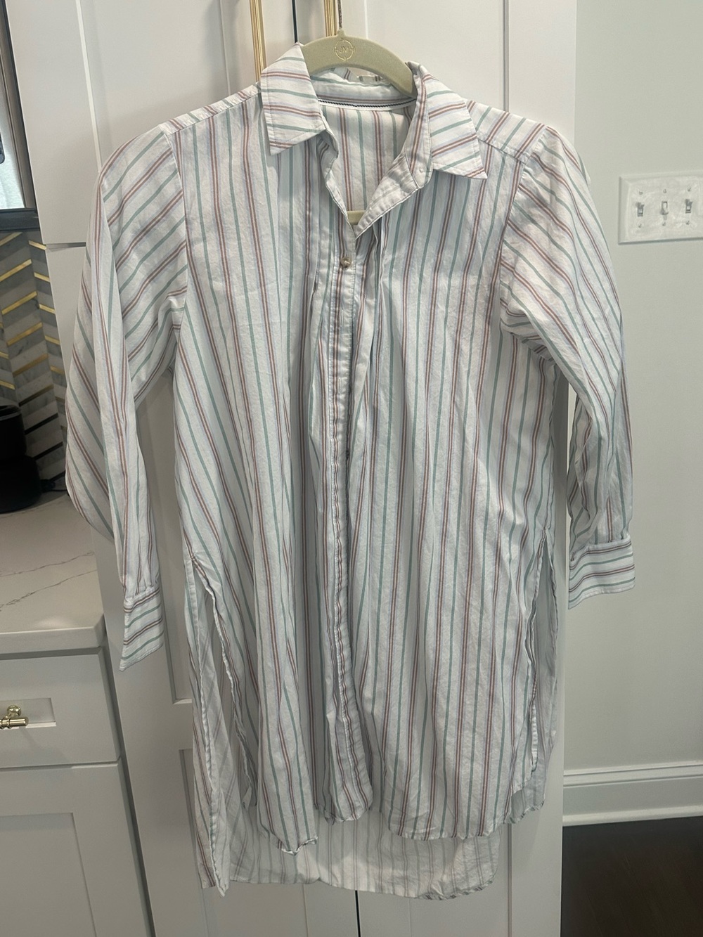Anthropologie Striped Longline Shirt Dress - White with Red & Green Stripes